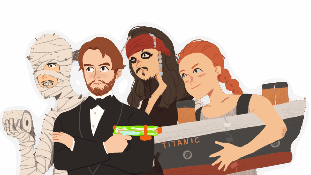 Illustrated characters: The Mummy, James Bond, Jack Sparrow and the Titanic